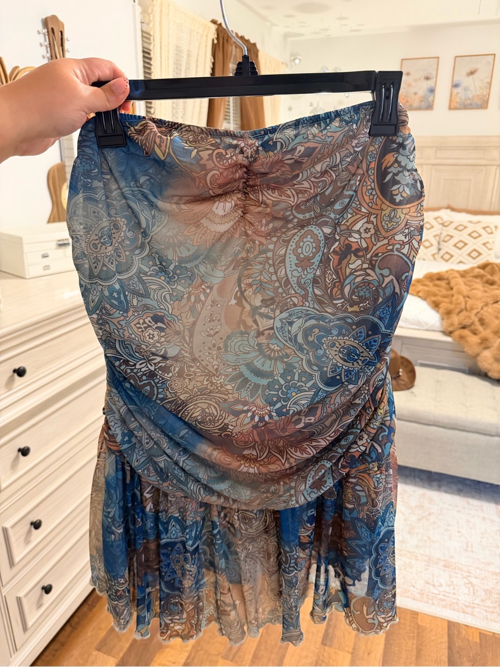 SHEIN Blue Brown Paisley Strapless Mesh Mini Dress Romper Skort